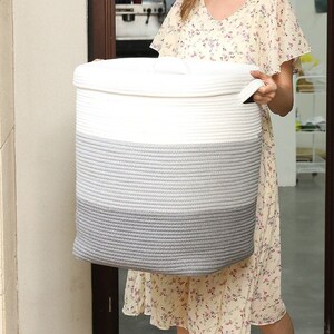 16”x16”x20” Rectangular Extra Large Storage Basket with Lid, Cotton Rope Baskets, for Toys Blankets Storage, Baby Nursery, Light Grey/Grey