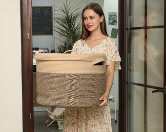 20" x 20" x 15" Extra Large Storage Basket with Lid, Cotton Rope Storage Baskets, Laundry Hamper, Toy Bin, Jute/Black Mix Basket with Cover