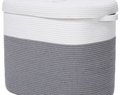 22 x14 x18 Rectangular Extra Large Storage Basket with Lid, Cotton Rope Storage Baskets, Woven Laundry Hamper, Grey Rectangular Basket