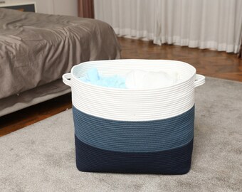 22"x14"x18" Rectangular Extra Large Storage Basket, Cotton Rope Storage Baskets, Woven Laundry Hamper, for Clothes, Dark Blue/Deep Blue