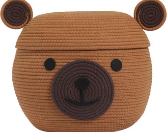 Handcrafted Animal Basket with Lid | Cotton Rope Storage Solution for Playful Organization in Kids' Rooms, 15"x12", Orange Brown Bear