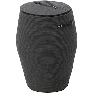 May include: A dark grey cylindrical laundry hamper constructed from coiled rope. The hamper features a matching lid with a black faux leather handle and a side-mounted black faux leather handle, both secured with silver-toned metal rivets.