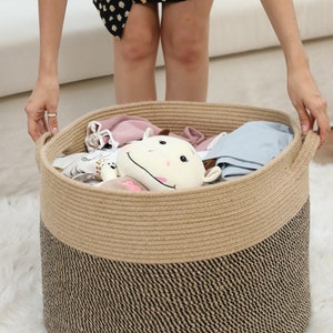 20 x 20 x 15 Extra Large Storage Basket with Lid, Cotton Rope Storage Baskets, Laundry Hamper, Toy Bin, Jute/Black Mix Basket with Cover image 5