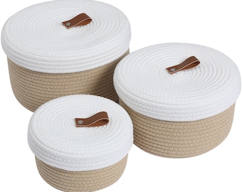 Set of 3 Stylish Round Woven Baskets with Lids - Elegant Storage Solution for Home Decor and Organization - Shelf Baskets, Beige/White Lid