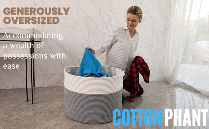 May include: A large, gray and white, round, rope storage basket with a woman putting clothes inside. The basket is labeled "Cottonphant".