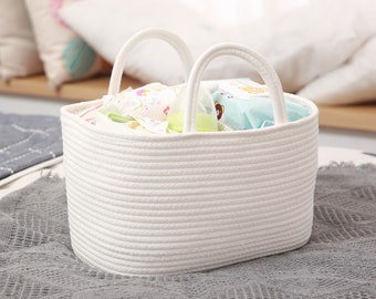 Cotton Rope Diaper Caddy, Nursery Storage Organizer for Diapers and Baby Wipes, Travel Nursery Organizer White Standard Size