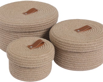 Set of 3 Stylish Round Woven Baskets with Lids - Elegant Storage Solution for Home Decor and Organization - Compact Shelf Baskets, Jute