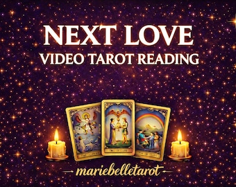 May include: Three tarot cards featuring The Lovers, Two of Cups, and Ten of Cups are displayed against a purple starry background. Two lit candles flank the cards. Text reads NEXT LOVE VIDEO TAROT READING and mariebelletarot.