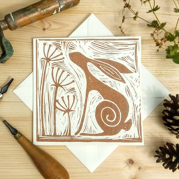 Wild Brown Hare Card. Lino Print Card. Brown on Cream . Blank.