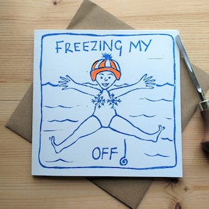 Freezing, Handprinted Card, Lino Print, Sea Swimmer