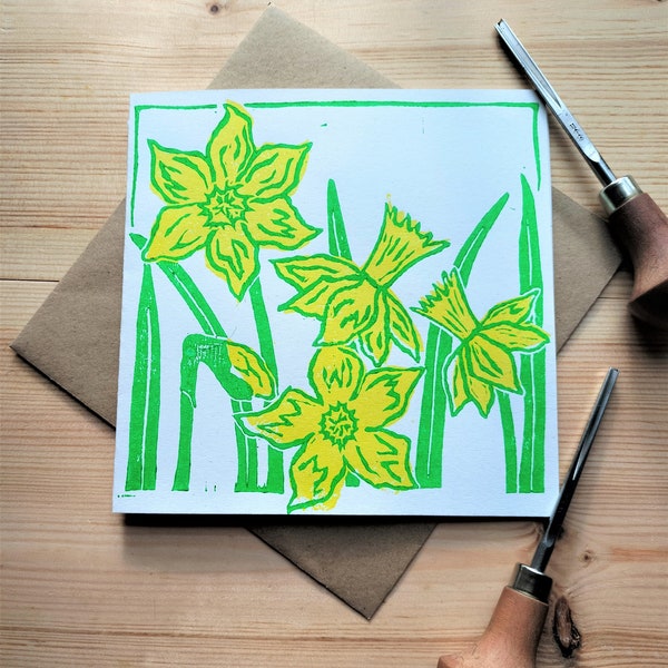 Daffodils Card. Lino Print Card. Green & Yellow on Cream . Blank.