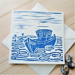 Cornish Crabber Card. Lino Print Card. Blue & Cream. Blank.