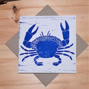 Cornish Crab Card. Lino Print Card. Blue & Cream. Blank.