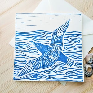 Cornish Seagull Card. Lino Print Card. Blue & Cream. Blank.