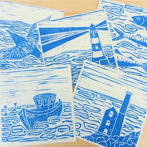 Cornish Seaside Lino Print Cards, Blue & Cream, Set of 5