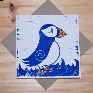 Cornish Puffin Card. Lino Print Card. Blue & Cream. Blank.