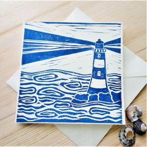 Cornish Lighthouse Card. Lino Print Card. Blue & Cream. Blank.