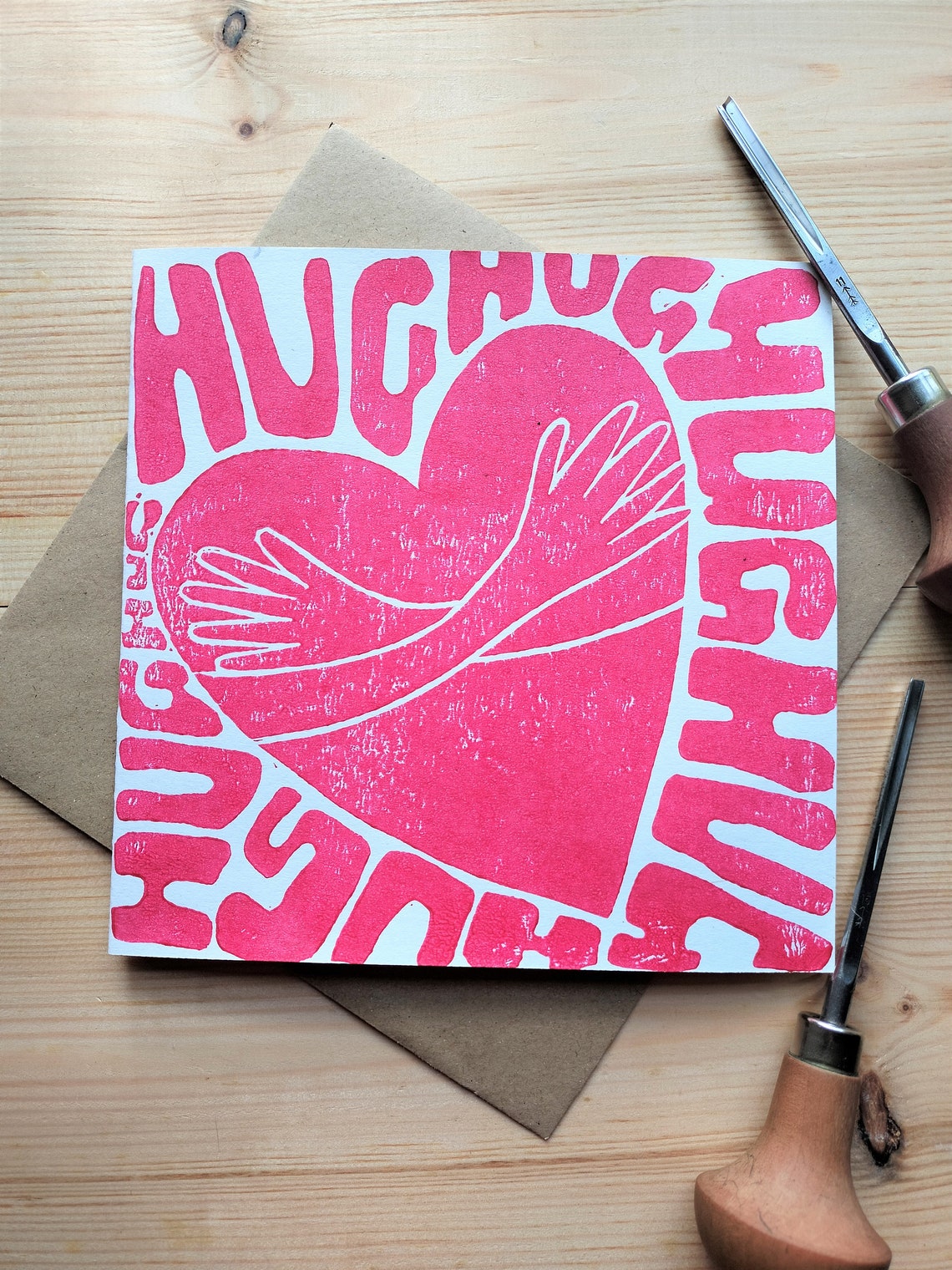 Hug Card. Lino Print. Red on Cream. Blank - Etsy