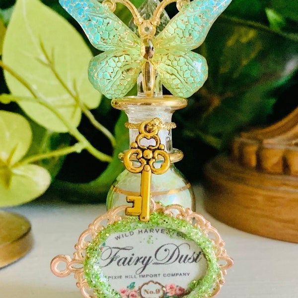 Fairy Inspired Decorative Vintage Egyptian Glass Perfume Bottle Altered Shabby Chic Fairy Decor Fairycore Green Fairy Dust