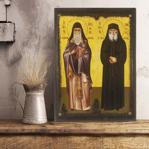 Saint Arsenios and Saint Paisios, Handmade Wooden Byzantine Icon, Greek Orthodox Icons, Christian Gifts, Religious Icons, Housewarming Gifts
