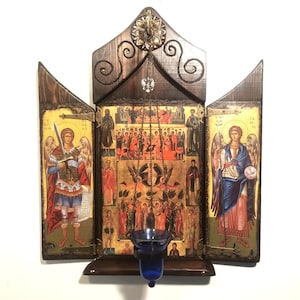 The Ascension of Christ and Archangels Michael and Gabriel, handmade woodenByzantine Iconostasis, Orthodox icons