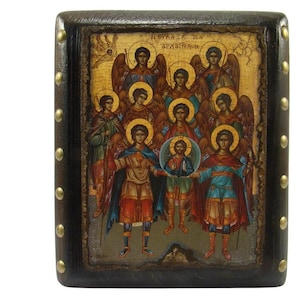 Sinaxis of the Archangels, The Gathering of Archangels  handmade wooden Byzantine icon, Orthodox icons, Christian art