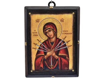 Handgemachte byzantinische Ikone Unserer Lieben Frau der Sieben Schwerter: Griechisch-Orthodoxe Kunst, religiöse Ikonen