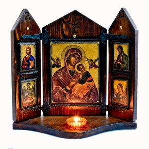 Virgin Mary with Jesus and Saints, handmade wooden carved iconostasis, Byzantine icon, Orthodox icons, Christian art
