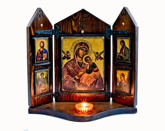 Virgin Mary with Jesus and Saints, handmade wooden carved iconostasis, Byzantine icon, Orthodox icons, Christian art