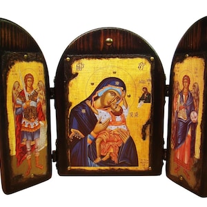 Virgin Mary Eleousa and Archangels  handmade wooden  Byzantine Icons | Christian gifts | Greek Orthodox icons