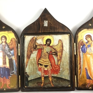 Archangels Michael, Gabriel ,Salathiel handmade wooden  Byzantine triptych | Greek Orthodox icons | Christian art