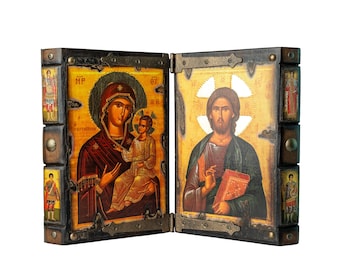 Diptychon mit Jesus Crist und Jungfrau Maria "Panagia Portaitisa Iberon" Byzantinische Ikone