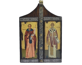 Handgefertigte byzantinische Ikone: Stylianos & Spiridon, Griechisch Griechisch Ortodoxe Kunst