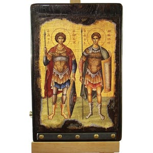 Saint Demetrios and Saint George, Handmade Wooden Byzantine Icon, Handmade Greek Orthodox Icons, Housewarming gifts, Wall Hanging Art
