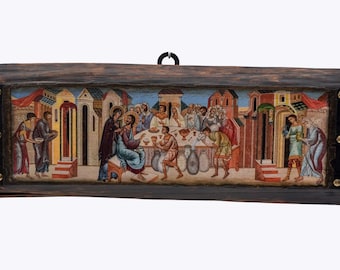 Le nozze di Cana, icona bizantina in legno fatta a mano, icone greco-ortodosse, regali cristiani, icone religiose, regali di inaugurazione della casa