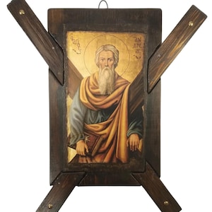 Saint Andrew with wooden X cross Handmade Wooden Byzantine Icon, Greek Orthodox Icons, Religious Gifts, Housewarming Gifts, Wall Hanging Art