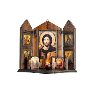 Gesù Cristo del Sinai con la Vergine Maria, San Giovanni e gli Arcangeli, iconostasi in legno intagliato a mano, icona bizantina, regali cristiani