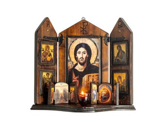 Jezus Christus van de Sinaï met de Maagd Maria, Johannes en aartsengelen, handgemaakte houten gesneden iconostase, Byzantijns icoon, christelijke geschenken