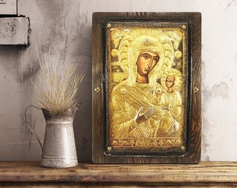 Virgen María Prousiotissa, icono bizantino hecho a mano: arte religioso ortodoxo griego