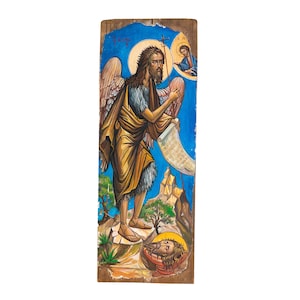 Hand-Painted St. John the Baptist Byzantine Icon: Egg Tempera, Aged Cypress Wood