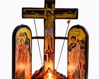 Handgefertigte Hölzerne Kreuzigungs-Ikonostase, byzantinische christliche Kunst
