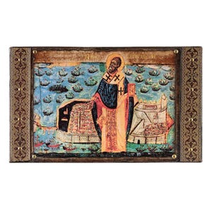 Saint Spyridon saves Corfu from the Turkish threat, Handmade Wooden Byzantine Icon, Greek Orthodox Icons, Christian Gifts, Religious Icons