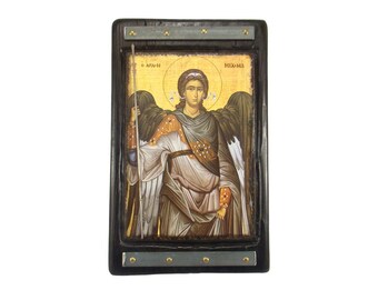 Handmade Archangel Michael Byzantine Icon: Fir Wood, Metal Spear