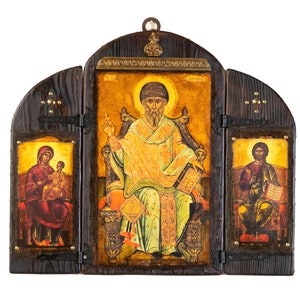 Saint Spyridon, Jesus and Virgin Mary handmade wooden  Byzantine triptych, Orthodox icons, Christian icons