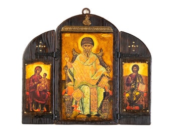 Saint Spyridon, Jesus and Virgin Mary handmade wooden  Byzantine triptych, Orthodox icons, Christian icons
