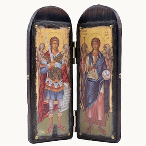 Αrchangels Michael and Gabriel  handmade wooden arch diptych | Byzantine Icon | Orthodox icons | Christian gifts
