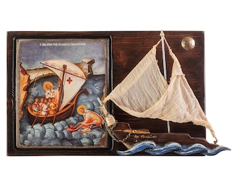 Handgemachte byzantinische Ikone des Heiligen Nikolaus mit hölzernem Segelboot, christliche Geschenke