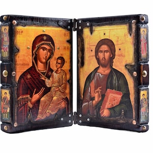 Virgin Mary and Jesus Christ diptych, handmade wooden Byzantine icons, Greek Orthodox icons, religious gift