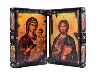 Díptico con Jesús Crist y la Virgen María "Panagia Portaitisa Iberon" Icono bizantino