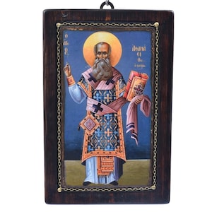 Saint Athanasios, Handmade Wooden Byzantine Icon, Greek Orthodox Icons, Christian Gifts, Religious Icons, Housewarming Gifts